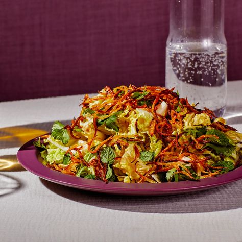 Frizzled-Onion Cabbage Salad Recipe | Epicurious Napa Cabbage Salad, Cabbage Salad Recipes, Napa Cabbage, Cabbage Salad, Cabbage Recipes, Fried Onions, Menu Ideas, Fresh Lime Juice, Caramelized Onions