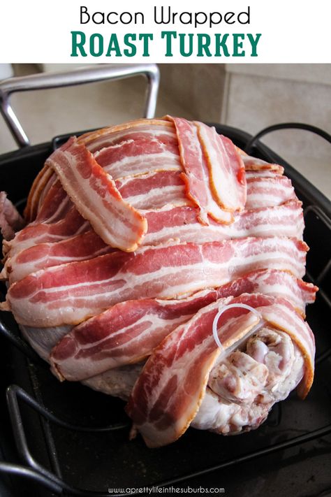 With the addition of the bacon while roasting, this Bacon Wrapped Roast Turkey comes out moist and so delicious!  Makes a great gravy too!  Perfect for Thanksgiving, Christmas and Easter dinner. Turkey With Bacon On Top, Bacon Turkey Thanksgiving, Turkey With Bacon Thanksgiving, Bacon Covered Turkey, Bacon Wrapped Turkey Thanksgiving, Easter Turkey Dinner, Turkey Wrapped In Bacon, Turkey Bacon In The Oven, Turkey With Bacon