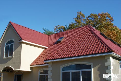 Maroon Metal Roof House Colors, Roof Shingle, Metal Roofing Systems, Red Roof House, Metal Shingles, Pergola Plans Design, Standing Seam Roof, Shingle Roof, Roof Tops