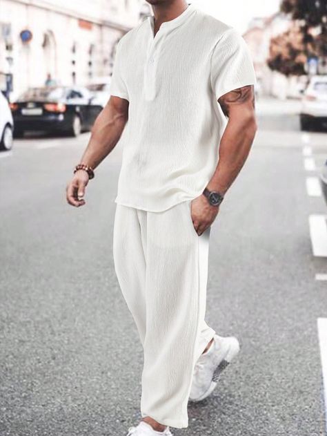 White Casual Collar   Plain  Embellished Slight Stretch  Men Clothing Men’s White Party Outfit, White Outfits Men Casual, White Beach Outfit Men, All White Outfit Men Casual, White Linen Pants Outfit Men, Men’s Beach Outfits, Mens All White Outfit, White Party Outfit Men, Mens Holiday Outfits