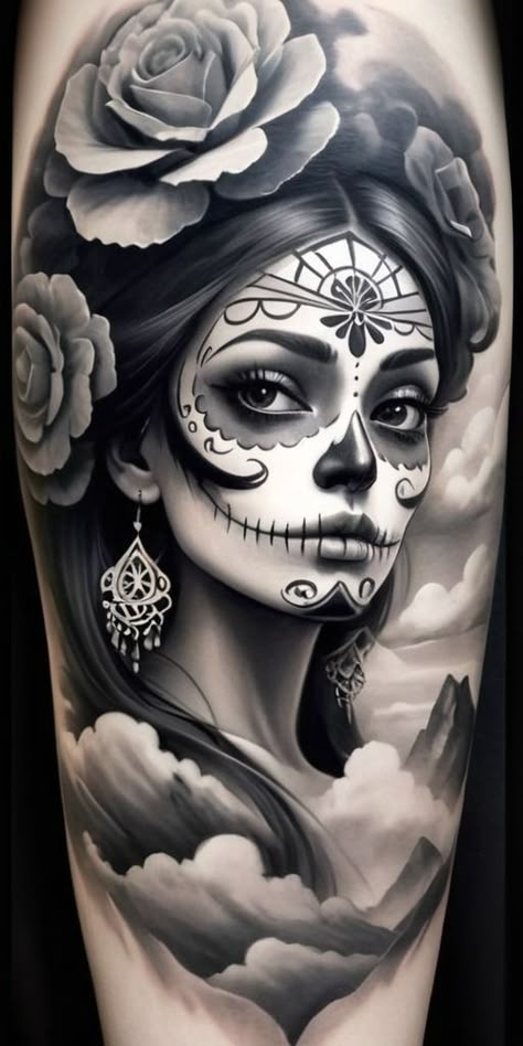 Day Of The Dead Girl Tattoo, Sugar Skull Art Drawing, Candy Skull Tattoo, Art Tattoo Design, Evolution Tattoo, Skull Rose Tattoos, Catrina Tattoo, Mexican Art Tattoos, Cool Tattoo Drawings