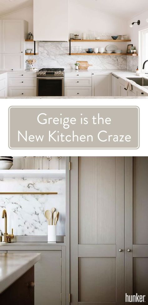 Greige is a little bit gray, a little bit beige — and a whole lotta flexible. Cooler than taupe, but warmer than a straight gray, it's right there in the magical middle, where it can help bring subtle contrast to an all-white kitchen or a gentle counterpoint to stronger cabinet color. Here are eight ways to go greige gracefully, in the kitchen. Greige Kitchen Cabinets, Taupe Kitchen Cabinets, Beige Kitchen Cabinets, Greige Kitchen, Taupe Kitchen, Beige Cabinets, Beige Kitchen, Cabinet Color, All White Kitchen