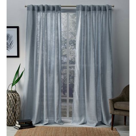 Gray is becoming an extremely popular wall color, from soft, pale grays to a deep, dark gray, it’s a neutral background that a lot of people are going... | Soften the Look With a Light Grayish Blue Curtain #greywalls #grey #walls #curtains #curtaincolors Tab Top Curtains, Blue Curtains, Sheer Curtain Panels, Beautiful Curtains, Living Room Curtains, Exclusive Home, Bedroom Curtains, Living Room Windows, Home Curtains