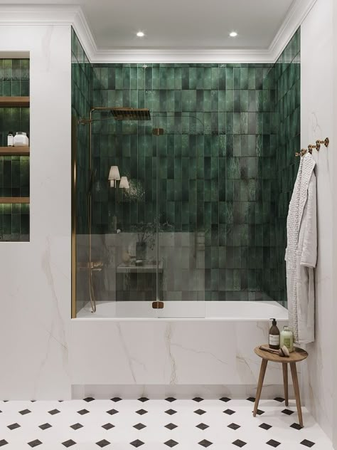 Green Bathroom With Bathtub, Green Bathroom Bathtub, Small Bathroom Ideas Green Tile, Green Tile Bathroom With Tub, Green Tile Bathtub, Two Tiles In Bathroom, Emerald Tile Bathroom, Blue Green Bathroom Tile, Small Bathroom With Tub Remodel