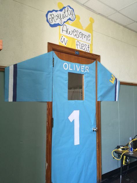 My classroom door! A KC Royals baseball jersey! Soccer Door Decorations, Sports Theme Classroom Door, Football Door Decorations Classroom, Football Classroom Door, Sunday School Room Decor, Lifeway Vbs, Kc Royals Baseball, Sports Theme Classroom, Sunday School Rooms