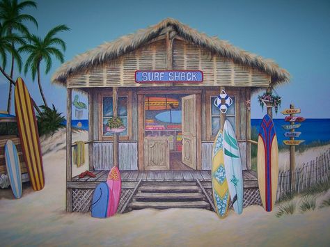 Pool Shed, Palm Trees Painting, Surf Decor, Caribbean Art, Beach Themed Party, Surf Shack, Beach Shack, Beach Hut, Surf Art