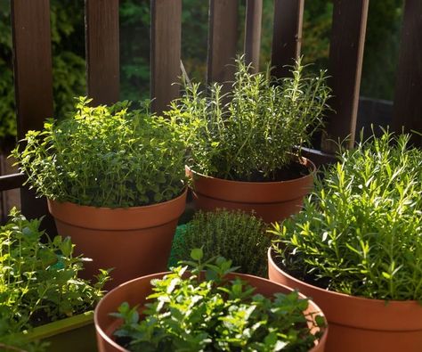 How to create a balcony herb garden: for a fragrant space | Herb Garden On Deck, Balcony Vegetable Garden, Balcony Herb Gardens, Herb Containers, Herb Garden Design, Indoor Vegetable Gardening, Interior Design Advice, Balcony Patio, Herb Gardens