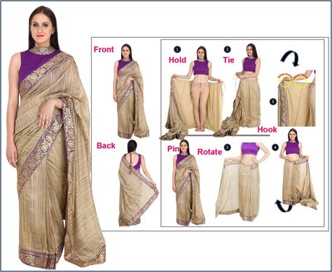 Etash MAGIC Saree- Wrap around Style that can be worn in just few steps follow the steps mentioned in the picture - Skirt Up - HOOK - Rotate - Pin. An absolute look alike of a normal saree that can be worn in less than 40 seconds Dress From Saree, How To Wear A Sari, Normal Saree, Skirt As A Dress, Making A Dress, Sari Skirt, Saree Wearing, Indian Sari Dress, Sari Dress