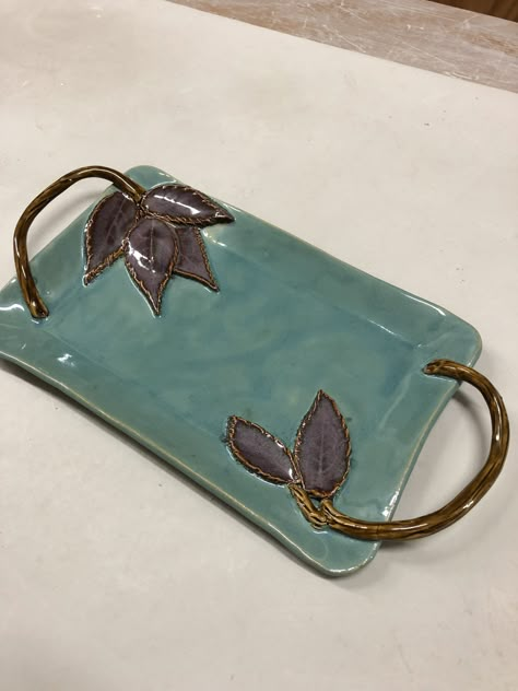 Teal and Plum Rectangle Tray w/Leaves and Branch Handles. Ceramic Tray With Handles, Teal And Plum, Slab Ceramics, Pottery Platter, Beginner Pottery, Pottery Handbuilding, Slab Pottery, Ceramic Tray, Cerámica Ideas