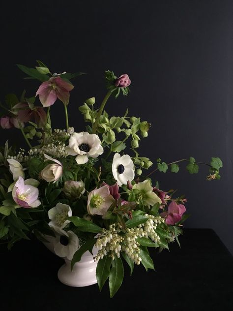 Early spring Anemone and Hellebore in this artistically composed arrangement. Lit Wedding, January Flower, Garden Perennials, Start Of Spring, White Flower Arrangements, Spring Arrangements, Portland Oregon Wedding, Flower Arrangement Designs, Flora Design