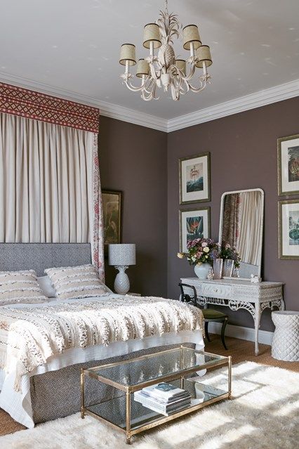 Canopy Idea in Mauve Bedroom in a grand Victorian Country House in Shropshire. The decor of this house enhances original features combining them with a mid-century twist. Purple And Brown Bedroom, Mauve Bedroom, Victorian Country House, Farmhouse Side Table, Cute Dorm Rooms, Brown Bedroom, Room Transformation, House Garden, Cool Rooms