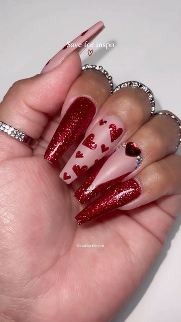 Jeanette Flores on Instagram: "Save for valentines nail inspo! ✨❤️✨ Red holographic glitter heart nails! Using @kiaraskynails (code: JEN10) •Wifey Material •Candy Apple Platinum effect gel #kiarasky #holographicnails #reflectivenails #holonails #nailsofinstagram #nailart #nailinspo #nailreels #nailvideos #satisfying #trending #nailtrends #nailitdaily #nailsoftheday #holographicpolish #pressonnails #uñas #uñasholograficas #flashnails #reflectiveglitter #vdaynails #heartnails #rednails #nailitdaily #valentinesnails" Glitter Heart Nails, Nail Inspo Red, Red Holographic, Reflective Nails, Valentines Nail, Holo Nails, Vday Nails, Wifey Material, Glitter Stars