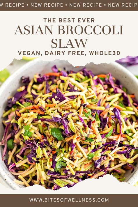 Add a touch of flavor to your cookouts, BBQs, and weeknight meals with this quick and easy sesame Asian broccoli slaw recipe. This dish complements Asian-inspired meals perfectly and is ideal for meal prep. Additionally, it is vegan, gluten-free, dairy-free, Whole30, and paleo-friendly! Salmon Tofu, Asian Broccoli Slaw, Ginger Broccoli, Broccoli Slaw Recipe, Asian Slaw Recipe, Broccoli Slaw Salad, Broccoli Slaw Recipes, Asian Broccoli, Burgers Chicken