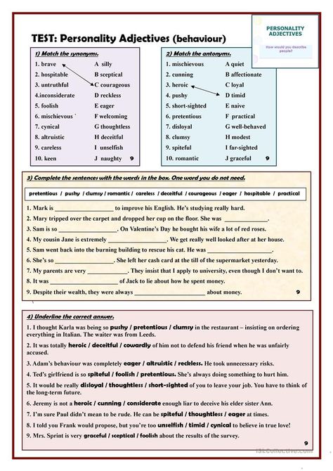 TEST: Personality Adjectives (behaviour) - English ESL Worksheets for distance learning and physical classrooms Personality Vocabulary, Adjectives To Describe Personality, Live Worksheet, Adjectives Grammar, Personality Adjectives, Describing People, English Grammar Test, Esl Ideas, Learning Grammar