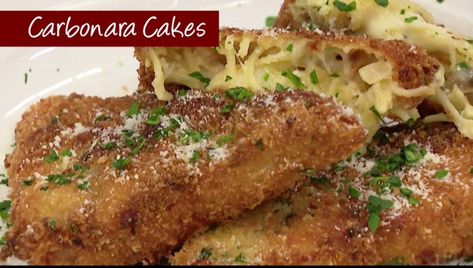 Carbonara Capellini Cakes, Uncle Giuseppe Recipes, Capellini Cakes, Macaroni Dishes, How To Make Carbonara, Fried Pasta, Pasta Cake, Carbonara Pasta, Born Again