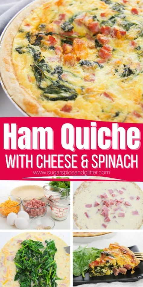 Easy Ham, Cheese and Spinach Quiche - perfect for breakfast, lunch and dinner! Ham And Spinach Quiche, Quiche Breakfast, Breakfast Quiche Recipes Easy, Cooked Spinach, Ham Quiche, Cheese Quiche Recipe, Spinach Quiche Recipes, Ham And Cheese Quiche, Breakfast Quiche Recipes