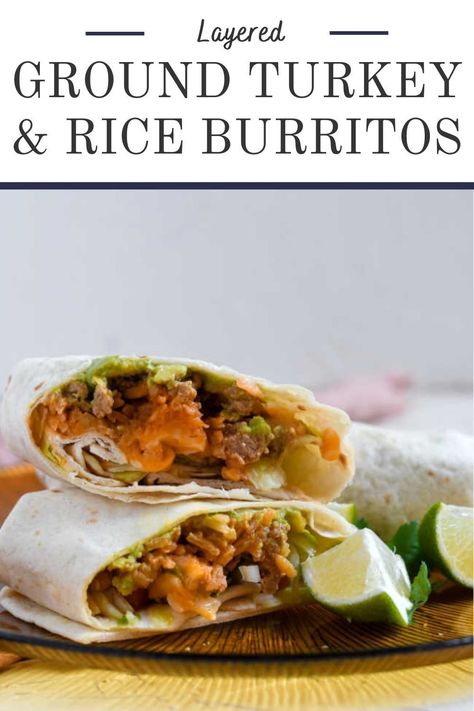 These burritos are loaded with layers of flavor. There is a great rice recipe, homemade guacamole and a flavorful ground turkey mixture as well. Just add your favorite toppings and dinne is served! Turkey Burrito Recipe, Burrito Recipe Healthy, Ground Turkey And Rice, Turkey Burritos, Homemade Mexican Rice, Turkey And Rice, Wild Turkey Recipes, Turkey Spices, Dinner Favorites