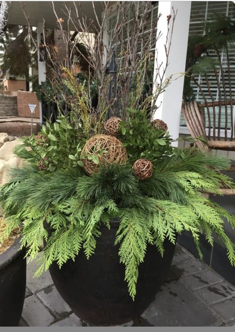 Porch Pots Winter Birch Branches, Outdoor Pine Arrangements, Porch Planters Christmas, Winter Floral Arrangements Home, Holiday Urn, Holiday Planters, Christmas Exterior, Winter Planters, Christmas Urns