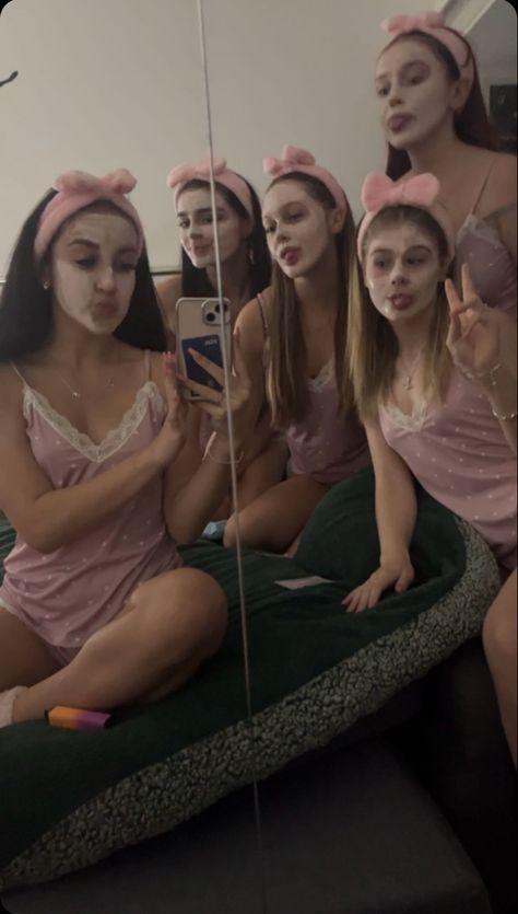 girls sleepover, matching pjs, facemasks Slumber Party Room, Skin Care Sleepover, Girls Slumber Party Aesthetic, Self Care Sleepover, Galentines Sleepover Aesthetic, Pink Sleepover Aesthetic, Sleepover Sweet 16, Pink Birthday Sleepover, Girly Sleepover Aesthetic