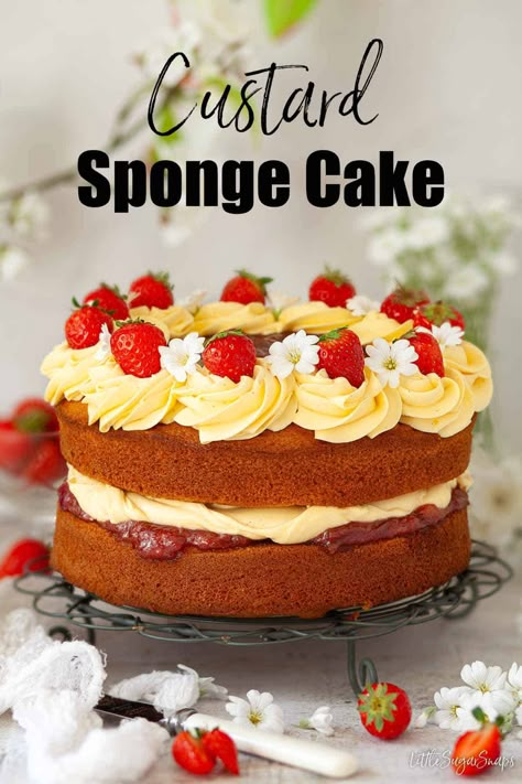 Custard Sponge Cake, Custard Cake Filling, Custard Cream Cake, Sponge Cake Recipe Best, Vanilla Custard Cake, Traybake Cake, Bird's Custard, Budget Desserts, Simnel Cake