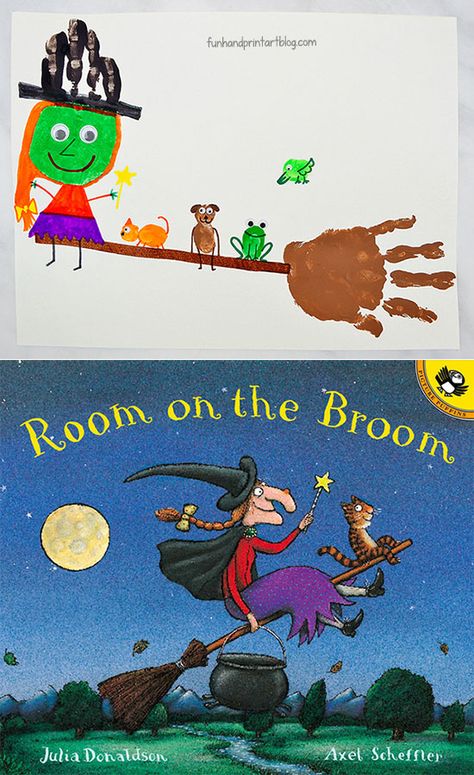 Cute Witch And Broom Hand Craft Inspired By Room On The Broom Story #Halloween #halloweencrafts #kidscrafts #funhandprintartblog #HandprintHolidays #witch #childrensbooks #thumbprint Room On The Broom Craft, Book Inspired Art, Room On The Broom Activities, Broom Craft, Fun Room, Room On The Broom, Halloween Kindergarten, Make A Book, Halloween Preschool