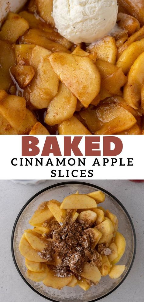 These easy cinnamon baked apple slices are a delicious and quick fall dessert to make for everyone. Serve these baked apples with a giant scoop of vanilla ice cream, yogurt, or even oatmeal for a simple fall breakfast or dessert. Apples And Nutella, Baked Apples Slices, Cinnamon Apple Slices, Cinnamon Baked Apples, Baked Apple Slices, Apple Slice Recipe, Yogurt Oatmeal, Easy Baked Apples, Baked Cinnamon Apples