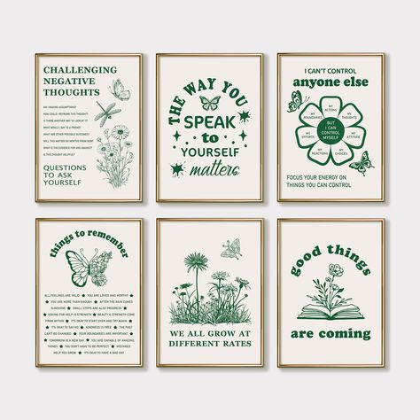 6 Mental Health Prints, Printable Wall Art for Therapy Office Decor, Psychology Posters, Retro Green Wall Art Prints, Downloadable Prints This Set of 6 Printable Posters is perfect for your therapy office, or as a self-help inspirational reminder in your home decor. You can use these beautifully designed Original Boho Art Prints to create a a corresponding atmosphere for therapy sessions with clients whether you are a therapist, counselor, teacher or a social worker.  Also makes a perfect gift f Psychology Posters Aesthetic, Group Room Therapy Decor, Office Decor Social Work, Therapy Office Artwork, Therapy Office Art, School Psychologist Office Decorations, Therapist Office Aesthetic, Social Worker Office Decor, Psychology Posters