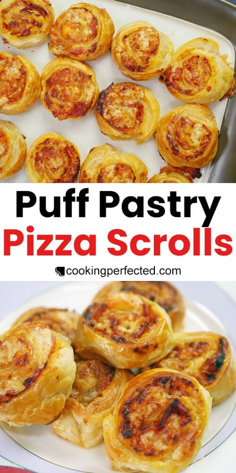 Puff Pastry Pizza Scrolls - Cooking Perfected Scroll Recipe Savoury, Puff Pastry Party Snacks, Puff Pastry School Lunch, Pizza Puff Pastry Recipes, Puff Pastry Rolls Appetizers, Puff Pastry Finger Food Recipes, Pizza Puff Pastry Twists, Pizza Pastry Puffs, Savoury Scrolls Recipes