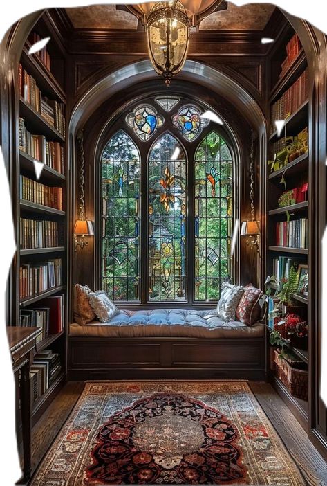 Books Home Library, Victorian Style Library Room, Dark Witchy Interior Design, House Filled With Books, Victorian Style Library, Interior Design Library Home, Classical Architecture Interior, Victorian House Library, Bay Window Library