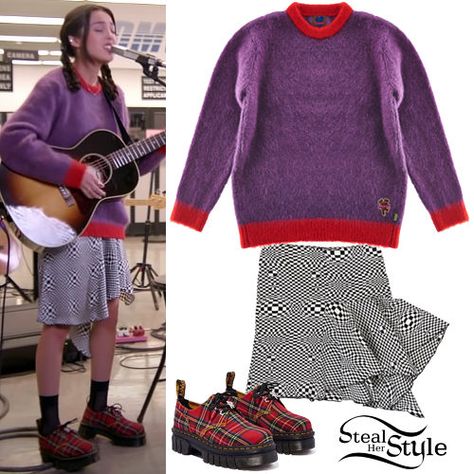 Olivia Rodrigo Clothes, Olivia Rodrigo Purple, Olivia Rodrigo Outfits, Purple Sweater Outfit, Tweed Jacket And Skirt, Paparazzi Fashion, Purple And Black Dress, Tiny Desk, Plaid Shoes