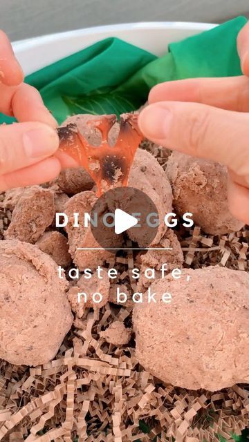 Wendy | Pediatrician on Instagram: "DINO EGGS 🦕 Taste safe and no baking required! ♥️ and SAVE to try!   🌟 EGG RECIPE 🌟   ✔️4 cups of flour (spread thinly and bake at 350 degrees F for 5 minutes until internal temperature reaches 160 degrees to reduce potentially harmful bacteria) ✔️ 1/2 cup of cocoa powder  ✔️ 1 cup of oil   🌟 TO MAKE 🌟  1️⃣ Mix ingredients well 2️⃣ Form eggs and hide plastic dinosaurs inside 3️⃣ FREEZE - 30 minutes in the freezer was the perfect firmness for our 1 year old. Leaving eggs in for 1 hour made it more challenging for our 3 year old   ✨ This recipe also turns into the perfect play dirt at room temperature. Add a little water and you’ve got taste safe mud! 🙌🏻   💬 Is your child a dinosaur fan? 🦕🦕🦕   ⚠️ Raw flour contains harmful bacteria so should not Taste Safe Mud, Plastic Dinosaurs, Dino Eggs, Egg Recipe, Dinosaur Eggs, Cup Of Cocoa, A Dinosaur, Sensory Activities, Egg Recipes