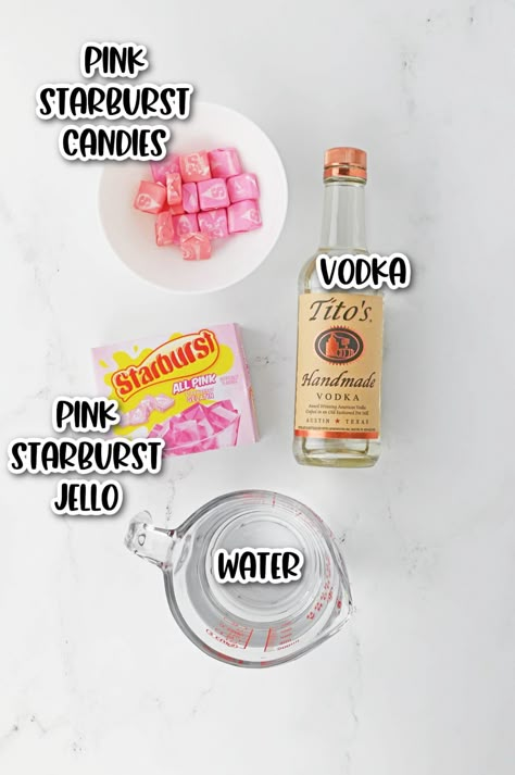 Pink Jello Shots Vodka, Starburst Shots Recipe, How To Make Pink Jello Shots, Pink Starburst Jello Shots Recipe, Rose Gold Jello Shots, Bride Jello Shots, 21st Birthday Jello Shots, Hello Shots With Malibu, Strawberry Starburst Jello Shots