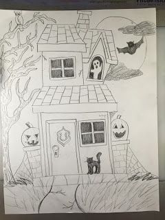 Haunted House Art For Kids, Haunted House Drawing Easy, Halloween Scenery, Haunted House For Kids, Haunted House Drawing, Baby Penelope, Art For Kids Hub, Scary Houses, October Art