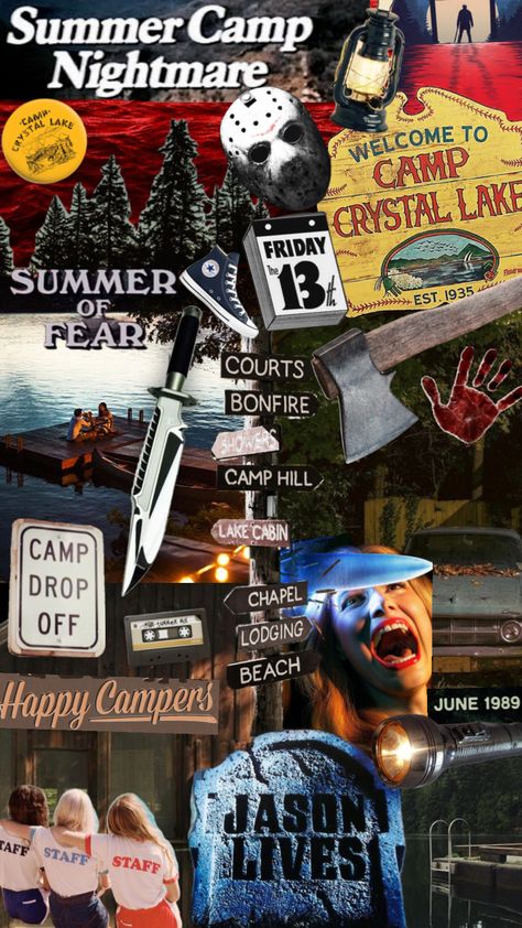 Friday The 13th aesthetic #summercamp #summerslasher #fridaythe13th #summercampslasher #horror Friday The 13 Wallpaper, Friday The 13th Aesthetic, Friday The 13th Wallpaper, Friday The 13th Poster, Friday The 13th Games, Collage Challenge, Dark Wedding Theme, Dark Wedding, Supernatural Power