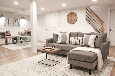 See how to turn your basement from dungeon to a dream! Find all the links for this modern play/family room here! Finished Basement Designs, Farmhouse Playroom, Basement Decoration, Basement Designs, Dream Basement, Basement Redo, Home Basement, Basement Inspiration, Basement Playroom