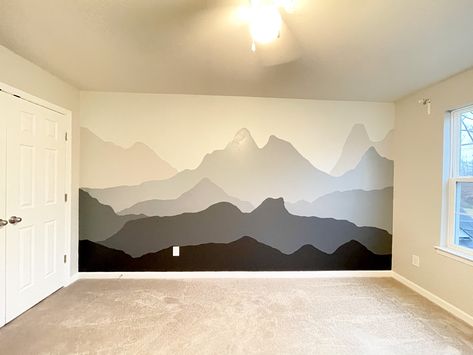 Mountain Mural Painting, Mountains Wall Painting, Boy Bedroom Wall Ideas, How To Paint Mountains On Wall, Mountain Mural Bedroom, Living Room Mural Ideas, Mountain Mural Kids Room, Mountain Mural Nursery, Mountain Accent Wall