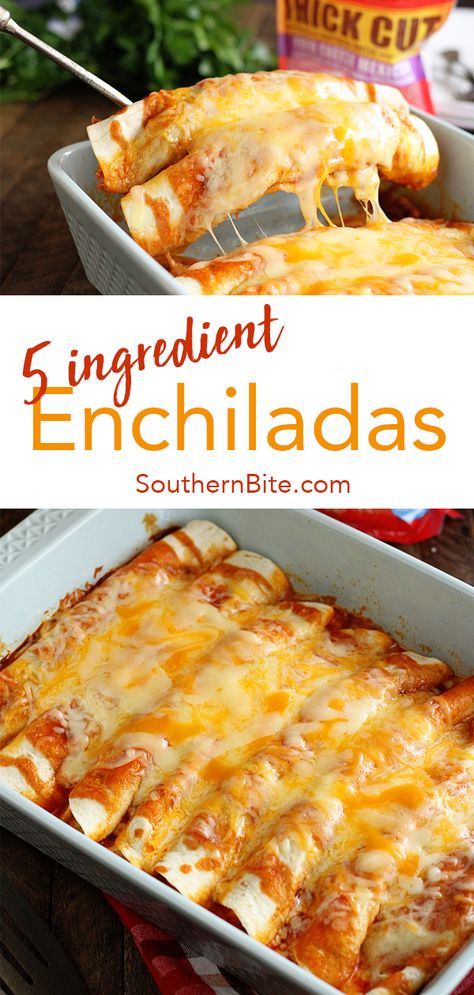 These quick and easy enchiladas only call for 5 ingredients and are ready in no time! It's the perfect recipe for a busy weeknight! #recipe #southernbite #enchiladas #easy #quick #weeknight Quick And Easy Enchiladas, Beef Enchilada Recipe, Easy Enchiladas, Diner Recept, Comfort Food Southern, Beef Enchiladas, Comfort Food Recipes Dinners, Enchilada Casserole, Enchilada Recipes