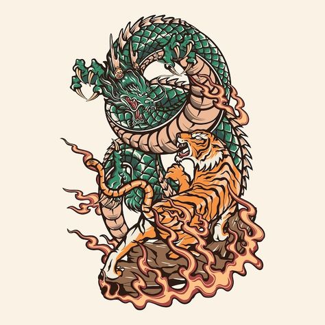 Dragon vs tiger japanese tattoo vector | Premium Vector #Freepik #vector #dragon-head #dragon-logo #japanese-anime #anime Tiger Vs Dragon Tattoo, Tiger And Dragon Tattoo, Tiger Japanese Tattoo, Tiger Vs Dragon, Dragon Tiger Tattoo, Tiger And Dragon, Dragon Tattoo Back, Dragon Vector, Dragon Logo