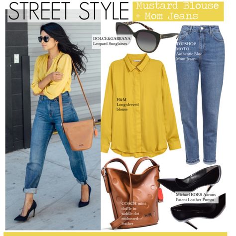 A fashion look from September 2015 featuring Topshop jeans and Dolce&Gabbana sunglasses. Browse and shop related looks. Mustard Blouse Outfit, Mom Jeans H&m, Blouse Outfit Work, Satin Top Outfit, Jeans And Blouse, Moms Jeans, Mustard Blouse, Boho Fashion Over 40, 40 Fashion Women