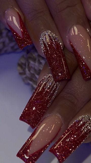 Red Nails With Glitter Design, Red Sparkly Nail Ideas, Jelly Winter Nails, Maroon And Gold Christmas Nails, Dark Red And Gold Nails Acrylic, Sparkle Red Christmas Nails, Birthday Nails Inspiration Red, Burgundy Nails With Gold Flakes, Red Nails Glitter Design