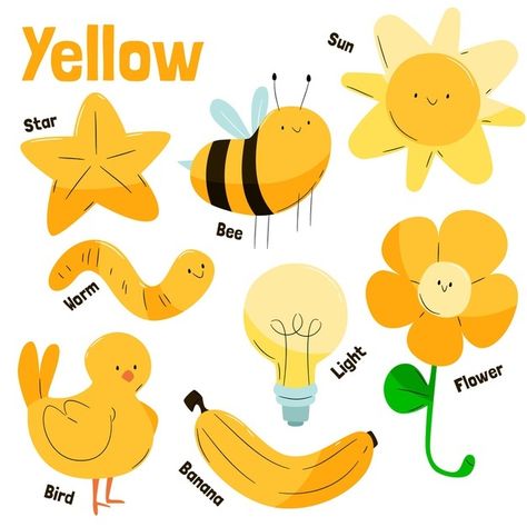 Pack of yellow objects and vocabulary wo... | Premium Vector #Freepik #vector #school #education #color #yellow Things That Are Yellow Preschool, Yellow Objects For Kids, Yellow Objects, Back To School Wallpaper, International Literacy Day, Online Course Design, Literacy Day, Art Activities For Toddlers, Dot Worksheets