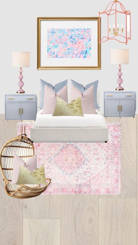 #myfirstshuffle Pink Blue And White Bedroom, Pink And Blue Room Aesthetic, Aspen Bedroom, Luxury Dorm Room, Colourful Bedroom, Blue And Gold Bedroom, Dorm Inspiration, College House, College Dorm Room Decor