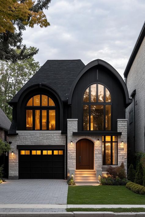 Modern Tudor House with Stone Facade. The charming fusion of history and contemporary flair in modern Tudor houses can transform your living space from “just nice” to “royalty-approved.” European House Design, Modern Tudor House, Beautiful House Images, Black Homes, Tudor Houses, Cottage Houses, Modern Tudor, Housing Ideas, House Facade