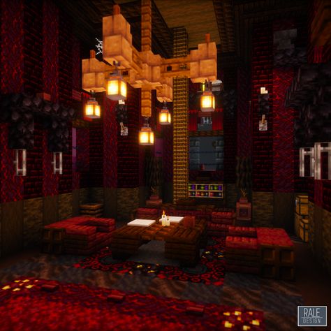 A Minecraft Halloween Pumpkinshade Manor with a full survival interior! You can download this build on my Patreon, just follow the link! Minecraft Nether Room Design, Minecraft Nether Room, Mc Room Ideas, Nether Room Minecraft, Ceiling Design Minecraft, Chandelier In Minecraft, Large Minecraft Builds, Red Minecraft House, Minecraft Throne Room