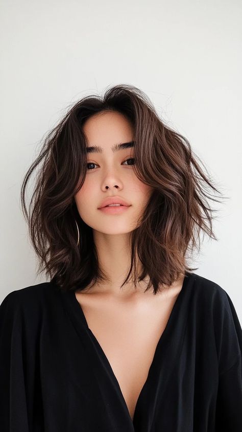 This effortlessly chic textured bob exudes a modern vibe, perfect for any occasion. Featuring soft, tousled waves, this hairstyle is designed to enhance natural texture while providing volume and movement. The length typically falls just above the shoulders, creating a flattering frame around the face. Key techniques involve using a curling wand or flat iron to create loose waves that are then gently tousled with fingers or a wide-tooth comb for an organic look. To achieve this style, start with Using A Curling Wand, Textured Bob, Tousled Waves, Curling Wand, Long Bob Hairstyles, Wide Tooth Comb, Wand Curls, Modern Vibe, Long Bob