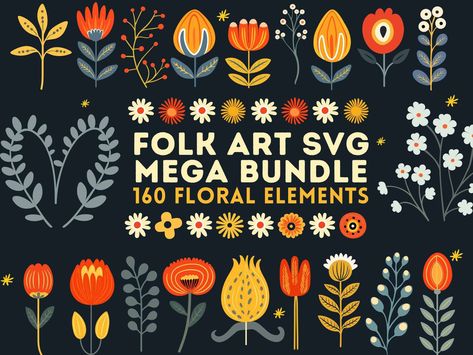 Folk Art Elements, Folk Art Flowers Simple, Scandinavian Folk Art Patterns, Folk Art Designs, Folk Art Floral, Folk Flowers, Modern Folk Art, Cricut Stencils, Arte Folk