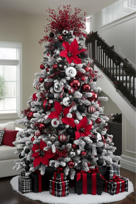 Looking for something bold and modern? A white Christmas tree with red and black is a sophisticated twist on tradition. Matte black and glossy red ornaments add depth, while the white base keeps it fresh. What do you think of this moody yet festive vibe? It’s perfect for those who love a little edge in their holiday decor. White Black And Red Christmas Tree, Black White Red Silver Christmas Decor, Christmas Tree Ideas Black And Red, Red White And Black Christmas Tree Ideas, Christmas Ornaments Color Scheme, Black Red White Christmas Tree, Red Black White Christmas Tree, Red White Black Christmas Tree, White Christmas Tree Color Schemes