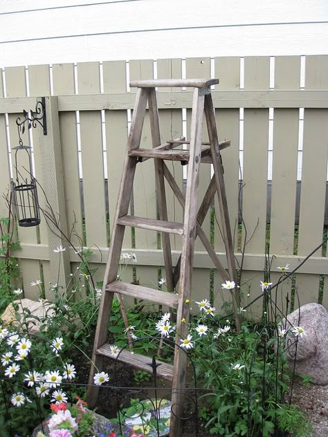 painted fence symbol, ladder is versatile piece, like sawhorse Backyard Lanterns, Black Garden Fence, Garden Fence Paint, Fence Paint Colours, Exterior Paint Colours, Painted Fence, Green Fence, Green Lights, House Green