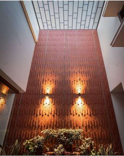 Indian House Exterior Design, Living Room Lighting Design, Brick Feature Wall, Indoor Courtyard, Interior Design Sketchbook, Skylight Design, Walled Courtyard, Brick Cladding, Modern Small House Design