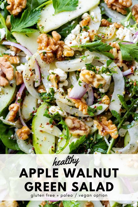 This healthy apple walnut green salad is the best fall + winter green salad! Made with crisp granny smith apples, sweet shaved fennel, crunchy walnuts, flecks of fresh herbs, creamy feta cheese, and a bold and punchy vinaigrette. Gluten free, with vegan and paleo options. #fallsalad #applesalad #healthygreensalad #glutenfreesalad Healthy Green Salads, Salad Gluten Free, Winter Salad Recipes, Apple Walnut, Gluten Free Salads, Paleo Salads, Green Salad Recipes, Vegan Salad Recipes, Autumn Salad